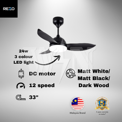 REZO CEILING FAN 33" 3 BLADE REMOTE LED DC VIVO (MATT BLACK │ MATT WHITE │ DARK WOOD)