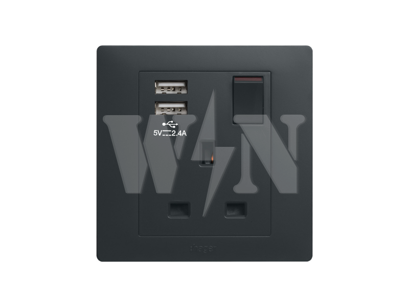 HAGER MUSE 13A SINGLE+2USB (BLACK) WGMS113SUSBKB